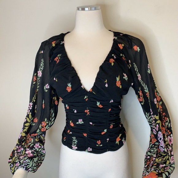 Free People Black Floral Blouse Smocked V Neck NWT - Picture 5 of 9